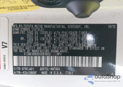 2013 Toyota Venza Limited V6 z USA, uszkodzony, nr VIN 4T3BK3BB6DU081803